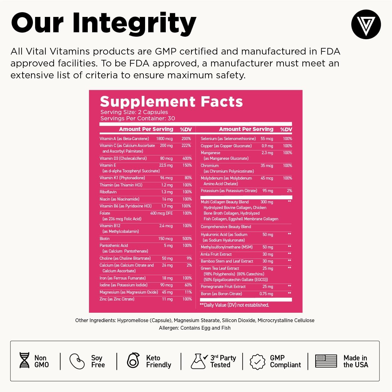 Vital Vitamins Complejo Multivitamínico para Mujeres - Con Mezcla de Multicolágeno, Ácido Hialurónico y MSM - Multivitamínico de Belleza - con Vitamina A, C, E, B6, B12, D3 - 60 Cápsulas