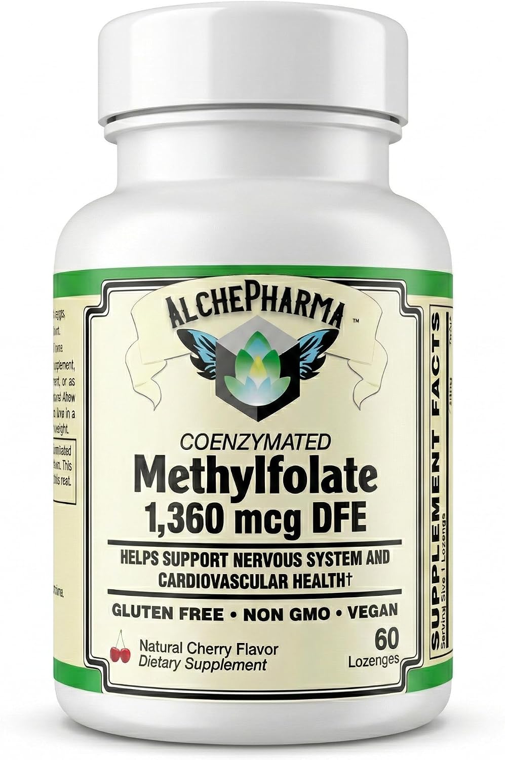 AlchePharma Metilfolato Coenzimado 1.360 mcg DFE - L-5-MTHF Bioactivo - Sin Gluten, Vegano, No OMG - Sabor Cereza Natural - 60 Comprimidos