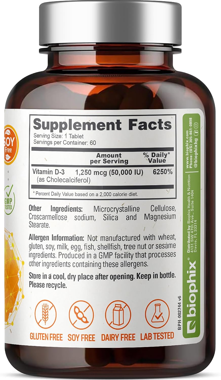 biophix Vitamina D3 50000 UI 60 Comprimidos - Alta Potencia para Huesos Fuertes y Salud Inmunológica