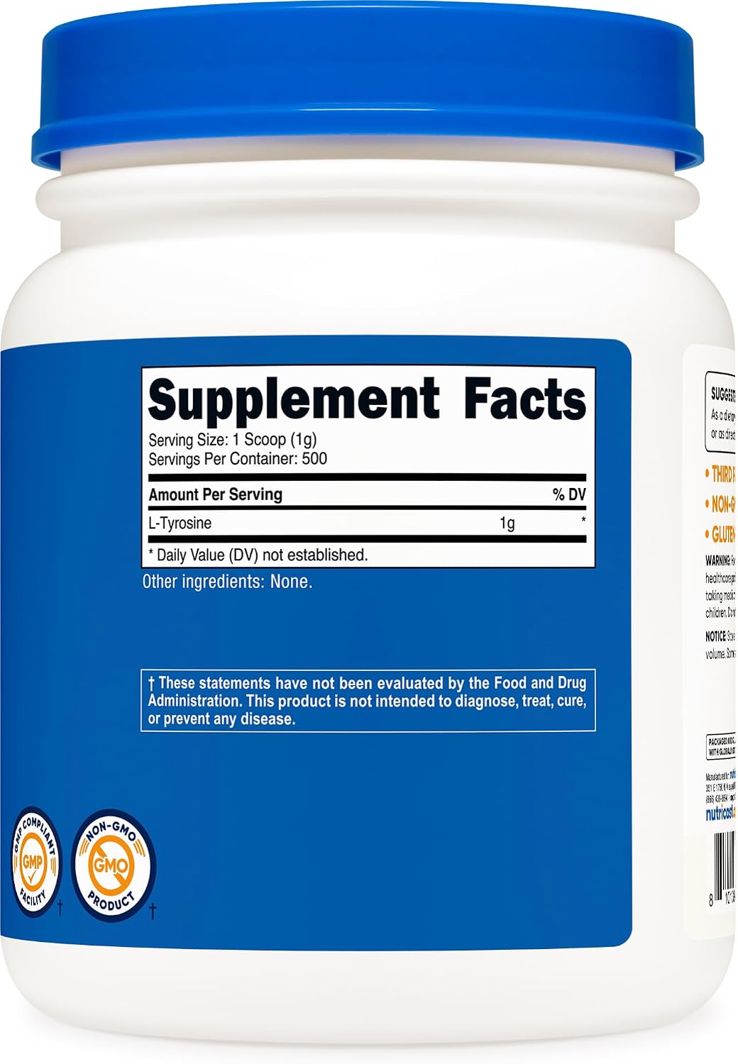 Nutricost L-Tirosina en Polvo 500g - Suplemento de L-Tirosina Pura 1000mg por Ración