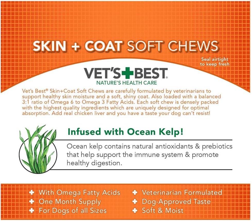 Vet's Best - Suplementos para la Piel y el Pelaje de Perros con Vitamina E y Biotina, 30 Masticables Blandos