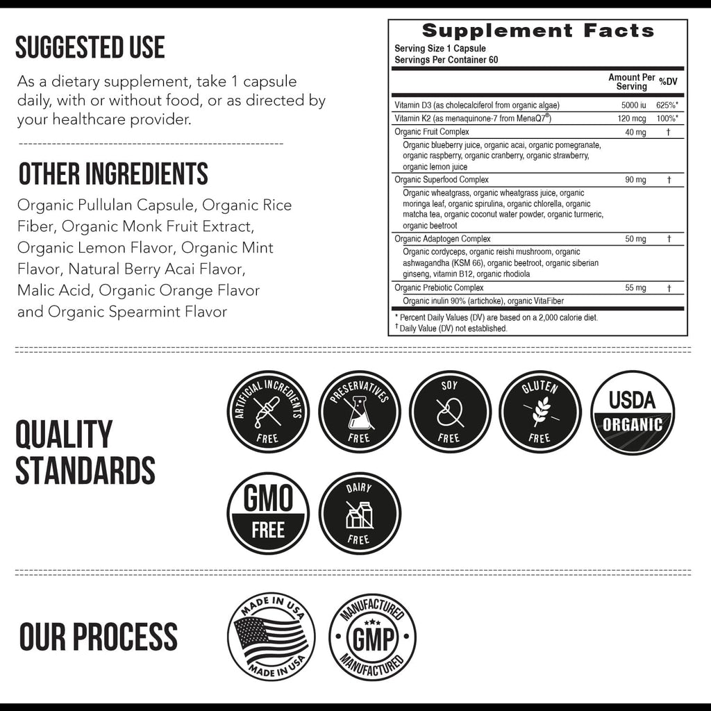 Organic Plant D3 + K2 | 5000 UI D3 + 120 mcg K2 All-Trans MK7 de MenaQ7® - 100% Alimento Integral, Crudo y Vegano | Prebiótico y Superfood Complex – D3 de Algas Orgánicas (60 Cápsulas)