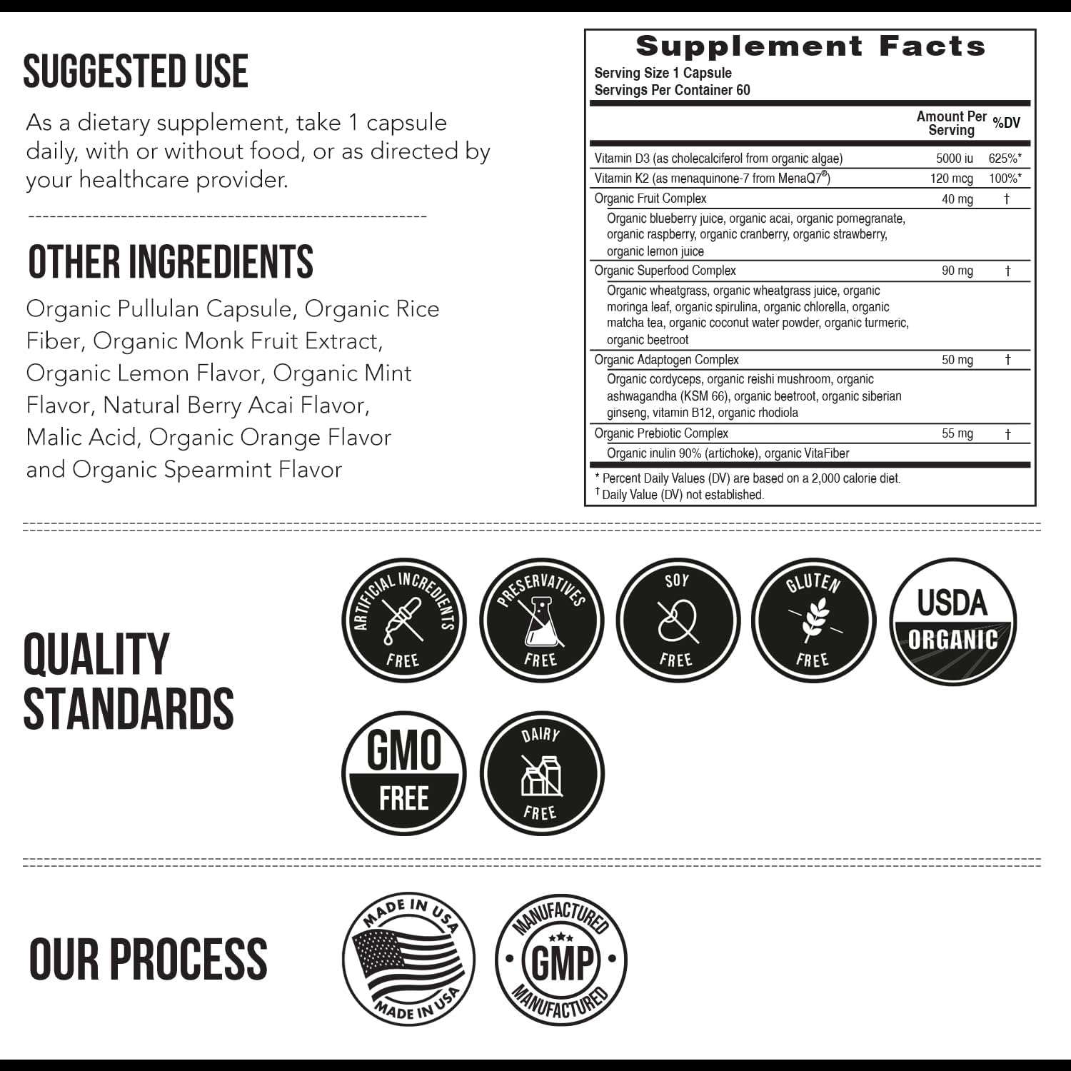 Organic Plant D3 + K2 | 5000 UI D3 + 120 mcg K2 All-Trans MK7 de MenaQ7® - 100% Alimento Integral, Crudo y Vegano | Prebiótico y Superfood Complex – D3 de Algas Orgánicas (60 Cápsulas)