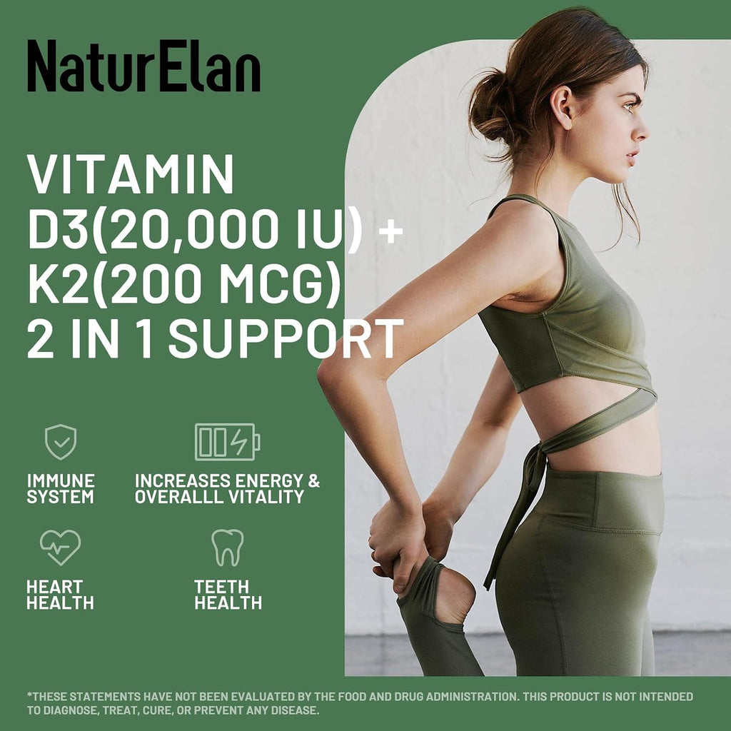 NaturElan Vitamina D3 K2 - 20.000 UI D3 + 200 mcg K2 (MK-7), 180 Cápsulas, Vegano, Sin Gluten