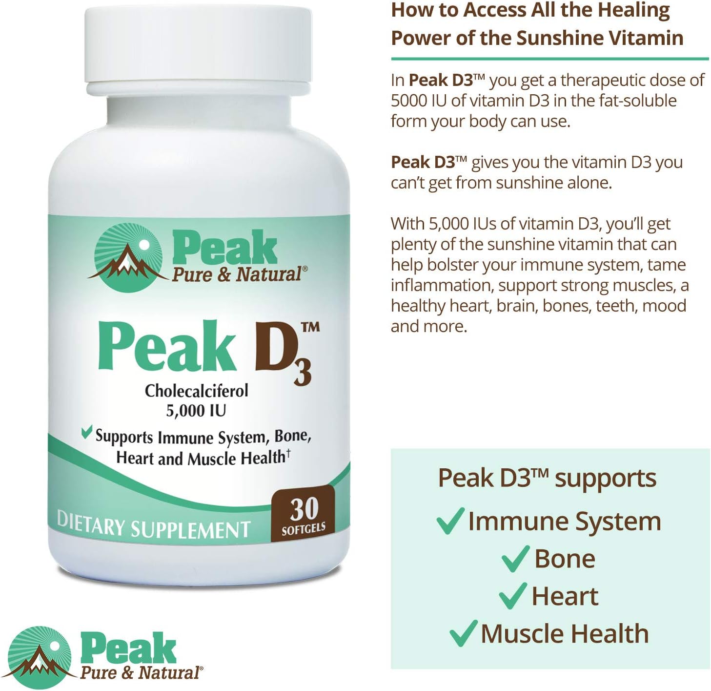 Peak Pure & Natural Peak D3 - Vitamina D3 5.000 UI (30 Cápsulas)