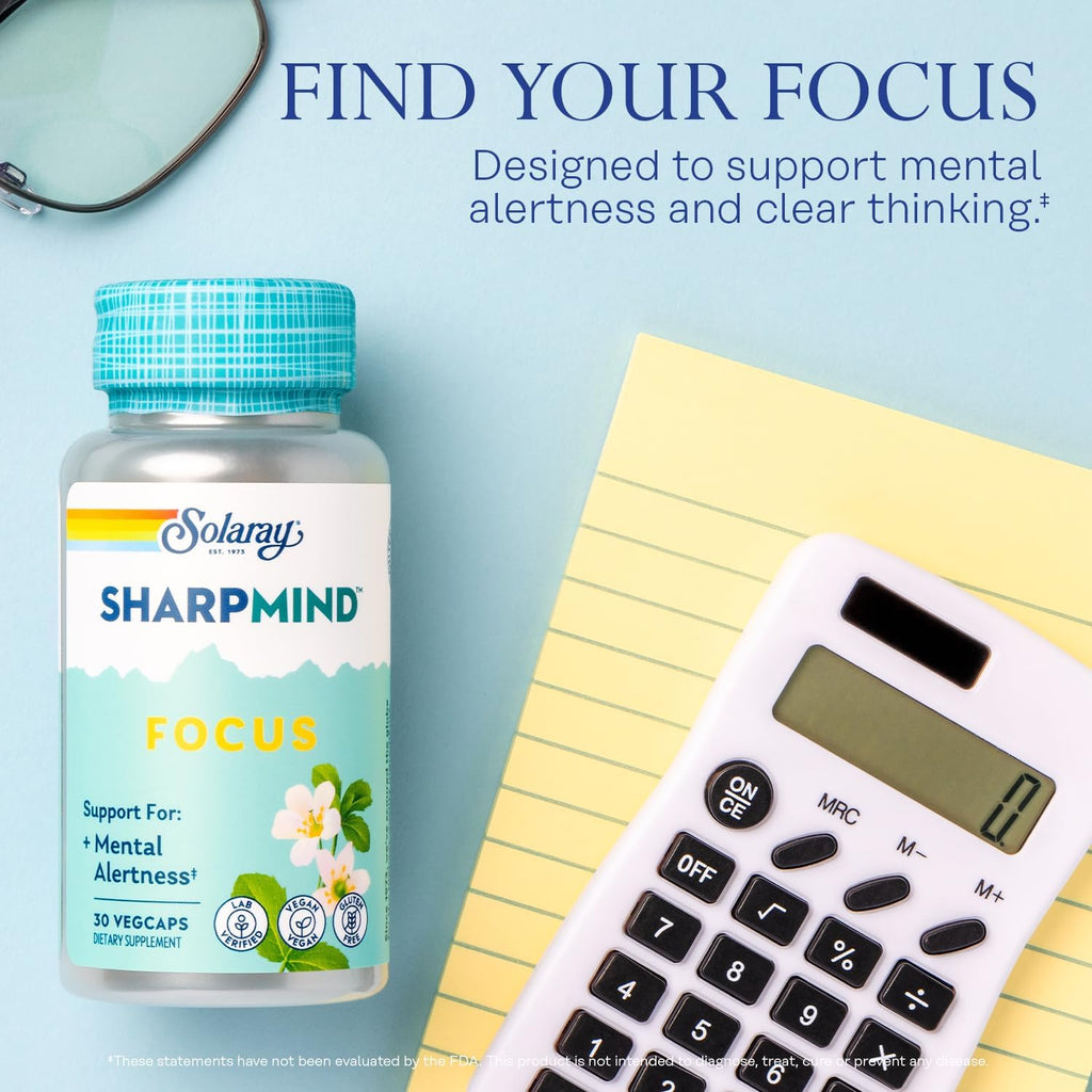 SOLARAY SharpMind Focus – Suplemento Nootrópico para la Memoria y Concentración, con Cognizin Citicoline, Bacopa monnieri y Lion's Mane, 30 Cápsulas Vegetarianas
