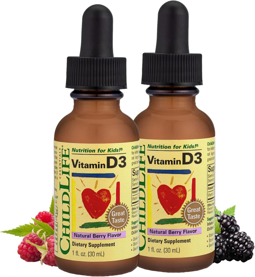 ChildLife Essentials Gotas de Vitamina D3 para Bebés - 500 IU, Sabor a Bayas, 2 Envases