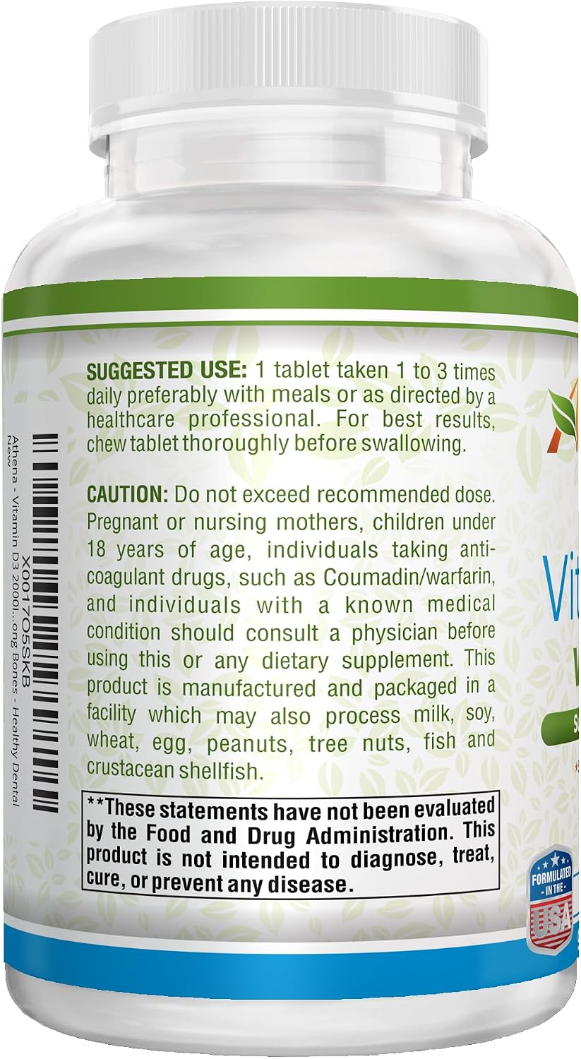 Athena - Vitamina D3 2000UI con K2 (MK7) - 90 Comprimidos Masticables