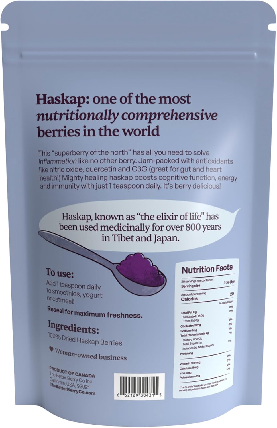 Polvo de Haskap Berry Puro - 30 Días de Suministro