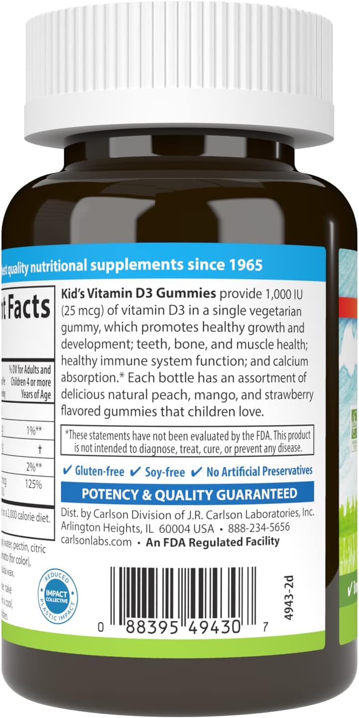 Carlson - Gomitas de Vitamina D3 para Niños, 1000 IU, 60 Gomitas Vegetarianas