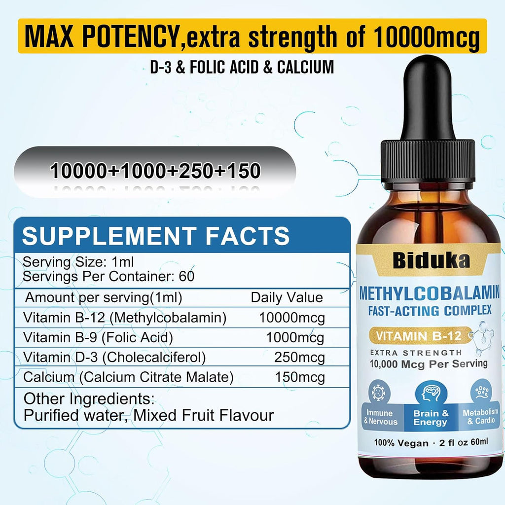 Biduka Gotas Sublinguales de Vitamina B12 10.000 mcg - Fórmula única con D3, B9 y Calcio - Vegano, No Transgénico, Sin Gluten