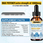 Biduka Gotas Sublinguales de Vitamina B12 10.000 mcg - Fórmula única con D3, B9 y Calcio - Vegano, No Transgénico, Sin Gluten