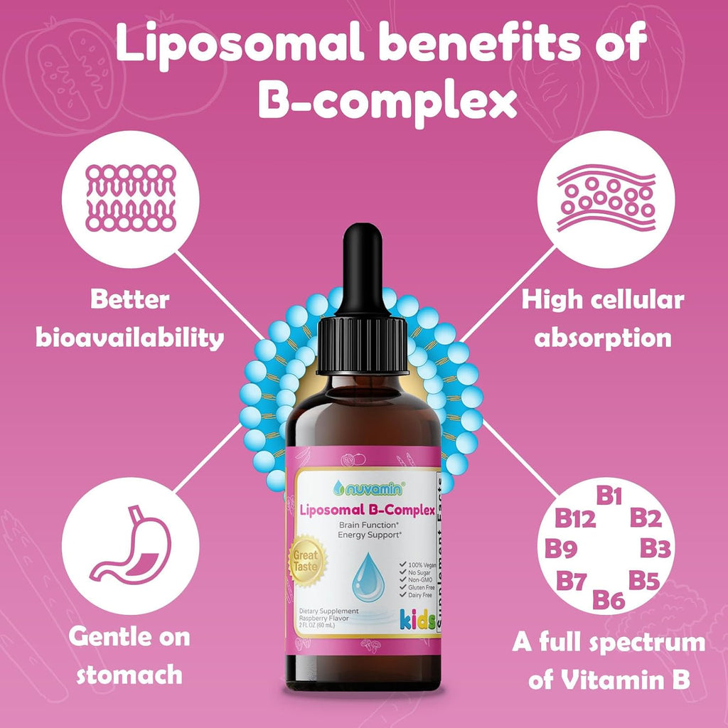 Nuvamin – Gotas Liposomales de Complejo B para Niños, Bebés y Adultos, 60 ml (2 Fl.Oz), Sabor Frambuesa