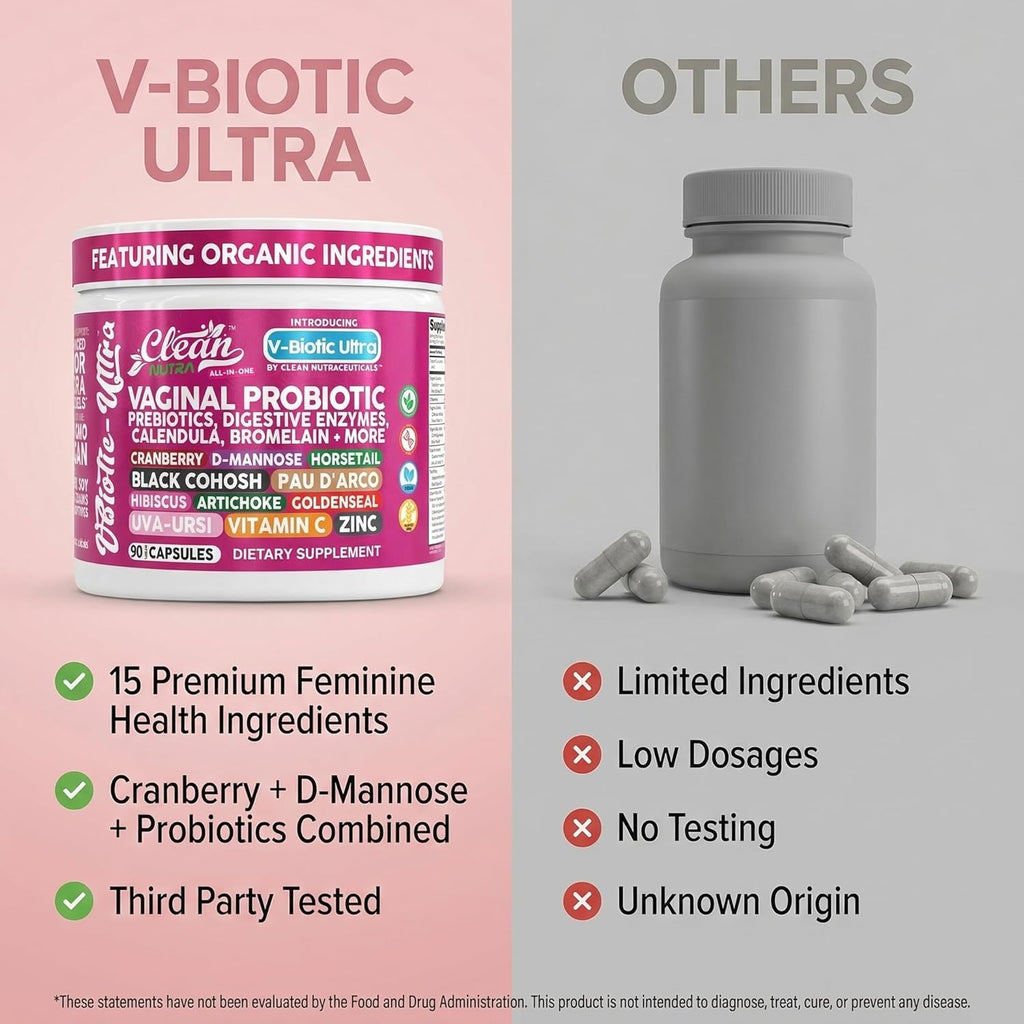 Clean Nutra Vaginal Probiotics for Women + Prebiotics Digestive Enzymes Bromelain Cranberry D Mannose Horsetail Black Cohosh Artichoke Hibiscus Flowers Probiotic for Digestive Health 90 Vegan Capsules