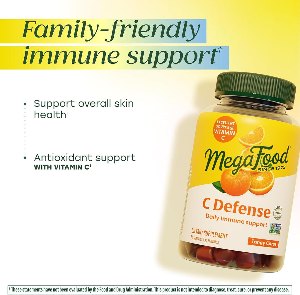MegaFood C Defense - Gomitas de vitamina C con alimentos reales, sabor cítrico, 70 uds.
