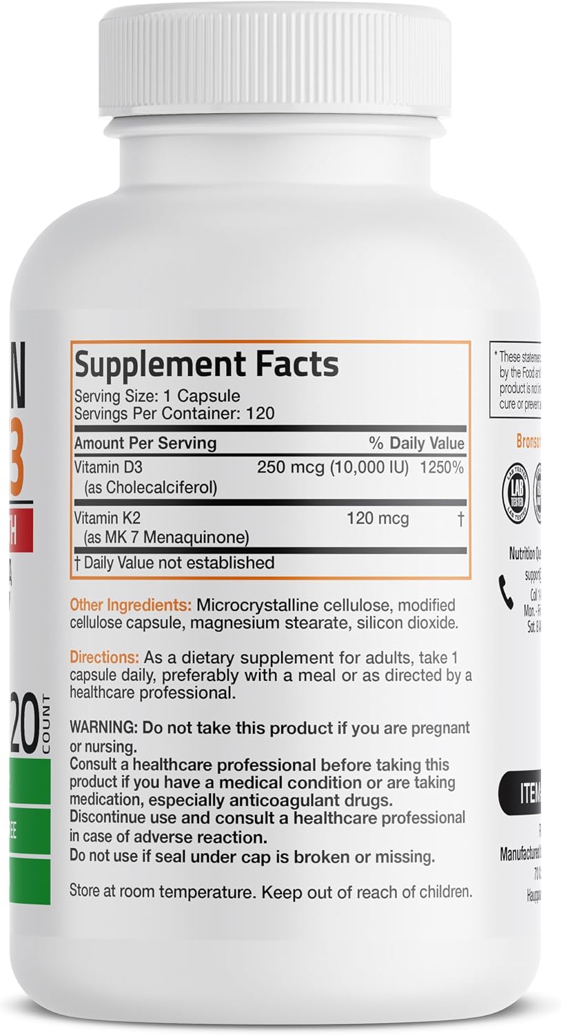 Bronson Vitamina K2 (MK7) con D3, 10.000 UI D3 + 120 mcg K2 MK-7, 120 Cápsulas