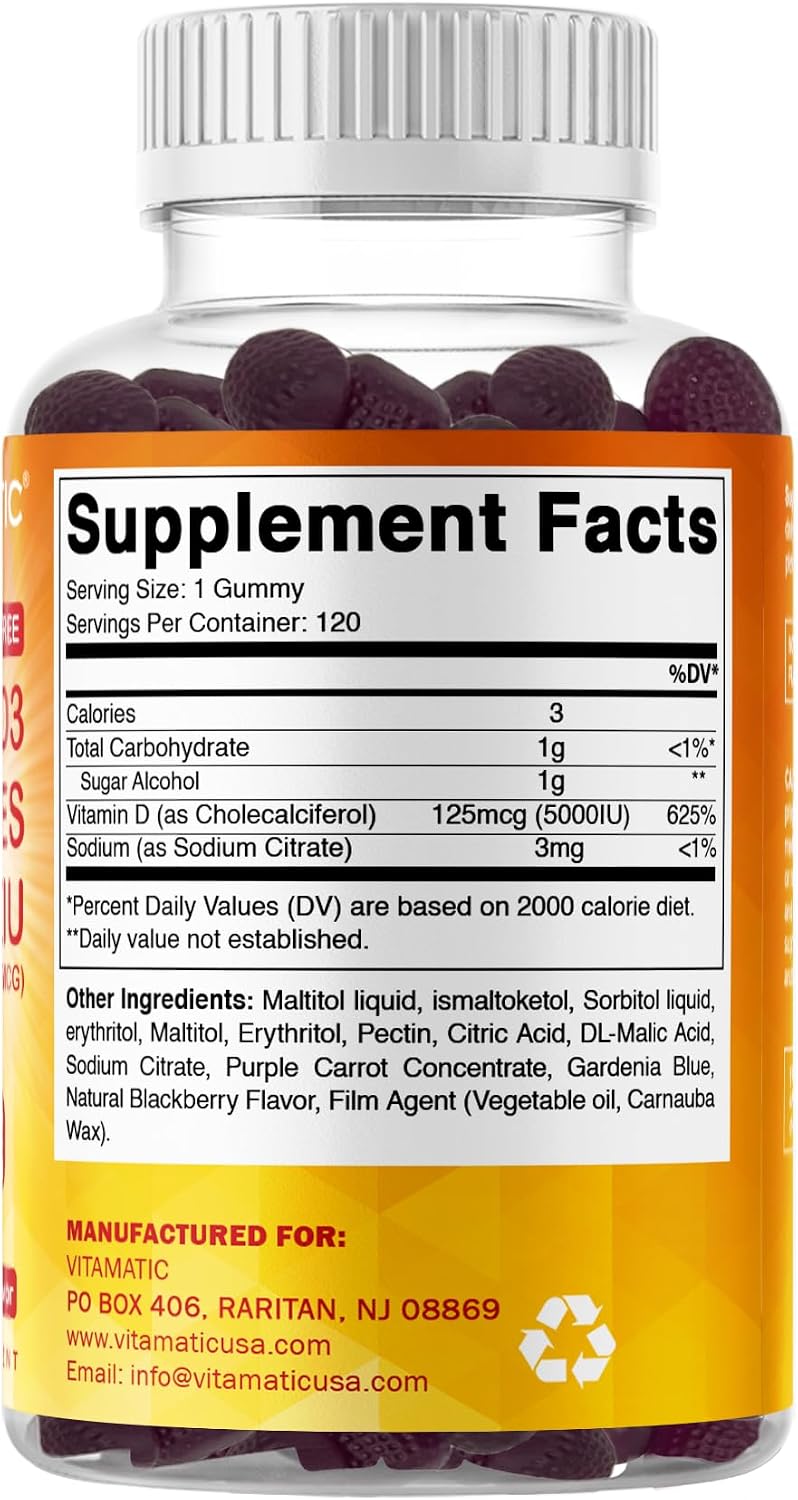 Vitamatic Vitamina D3 5000 UI sin Azúcar - 120 Gominolas - Sabor Mora - Huesos, Estado de Ánimo y Sistema Inmunitario