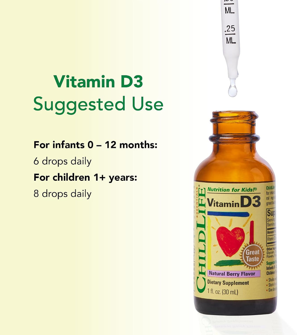 ChildLife Essentials Gotas de Vitamina D3 para Bebés - 500 IU, Sabor a Bayas, 2 Envases
