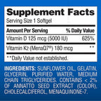 Vitamina K2 + D3 Cápsulas Blandas, 180 mcg y 125 mcg (5000 UI) | Apoyo para Huesos, Corazón e Inmunidad, con MenaQ7 MK-7