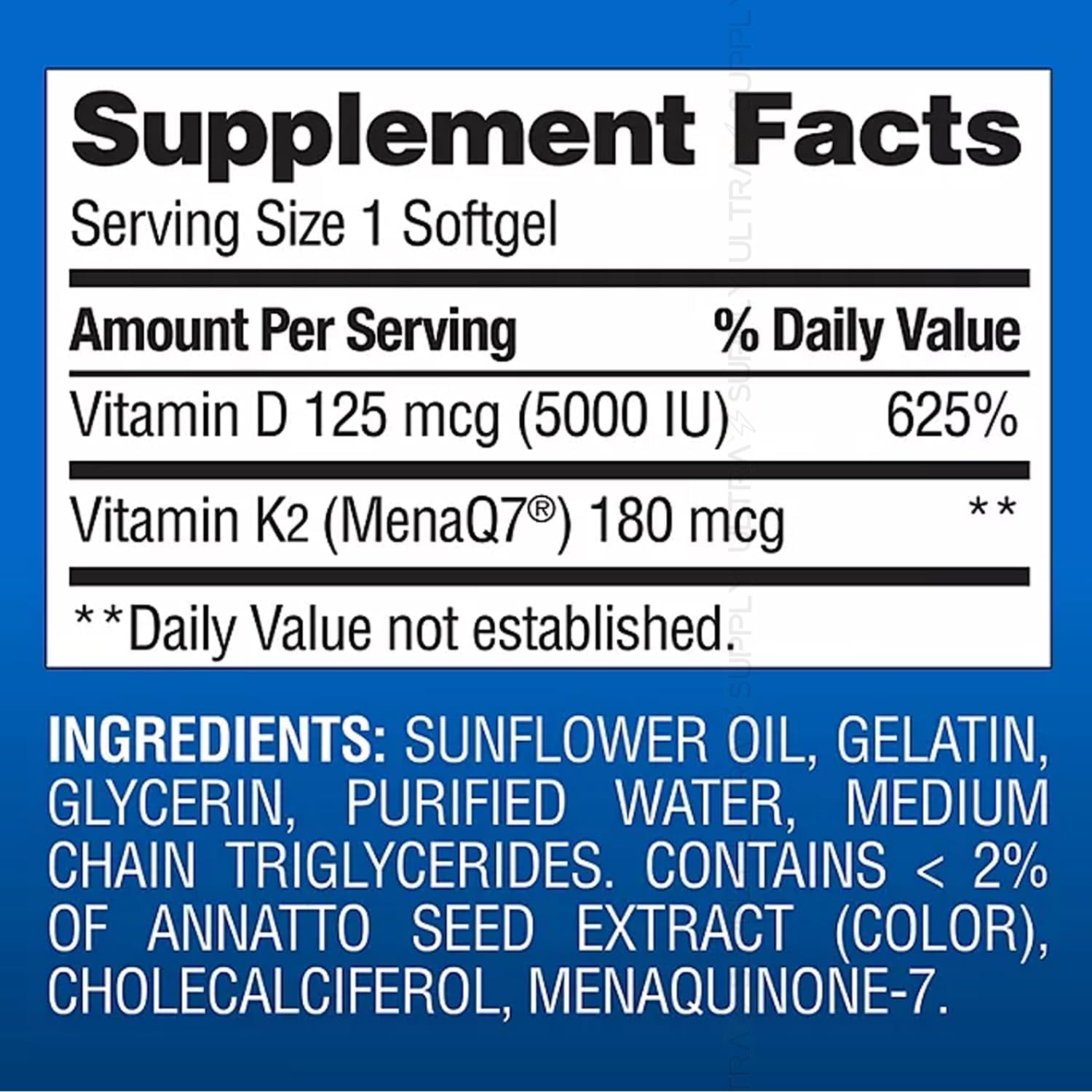 Vitamina K2 + D3 Cápsulas Blandas, 180 mcg y 125 mcg (5000 UI) | Apoyo para Huesos, Corazón e Inmunidad, con MenaQ7 MK-7