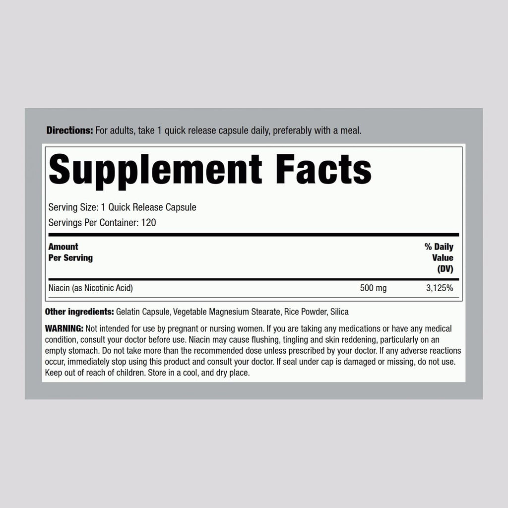Piping Rock Niacina 500mg Flush, 120 Cápsulas