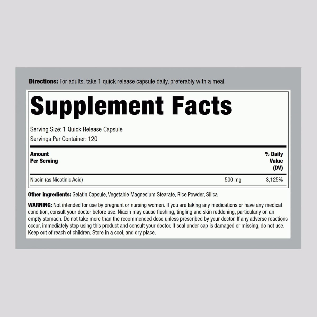 Piping Rock Niacina 500mg Flush, 120 Cápsulas – Image 2