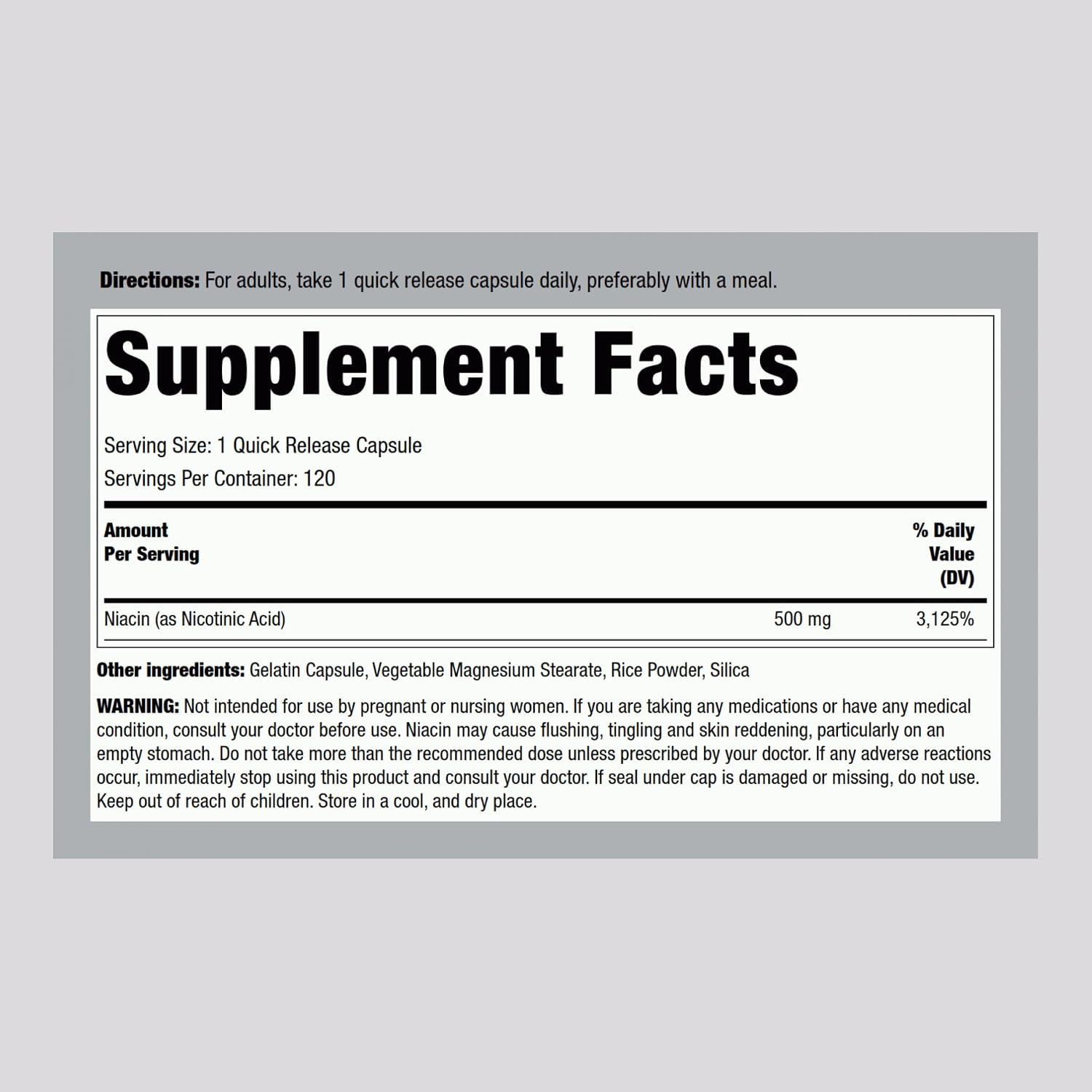 Piping Rock Niacina 500mg Flush, 120 Cápsulas