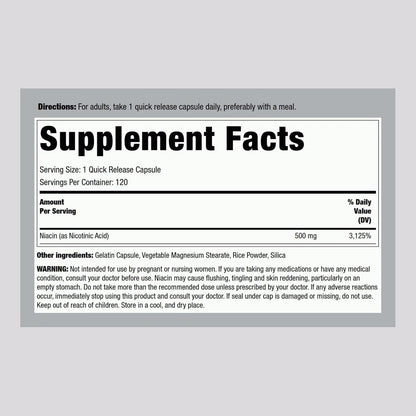 Piping Rock Niacina 500mg Flush, 120 Cápsulas – Image 2