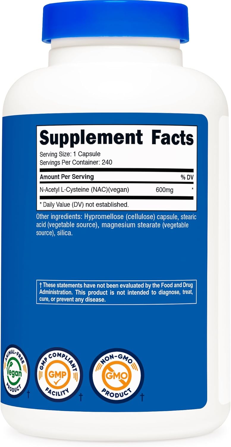 Nutricost N-Acetilcisteína (NAC) 600mg, 240 Cápsulas Vegetarianas - Vegano, Sin OGM, Sin Gluten