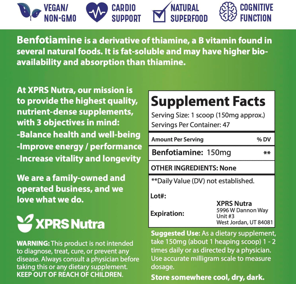 XPRS Nutra Benfotiamina en Polvo (Tiamina) - Suplemento de Vitamina B1 Liposoluble - Vegano - 7 g (0.25 oz)