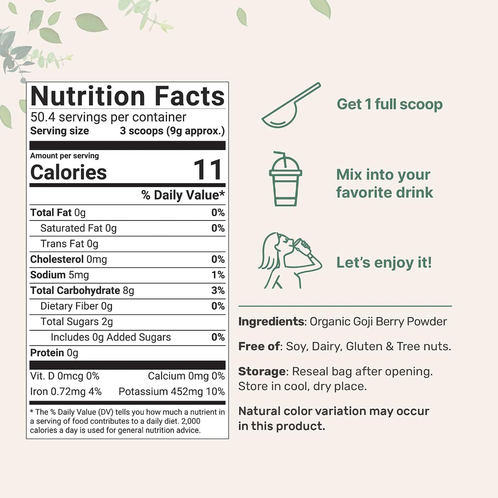 Organic Goji Powder, 453 g (16 oz) | Freeze-Dried Berries | Sulfate and Additive Free | Vegan