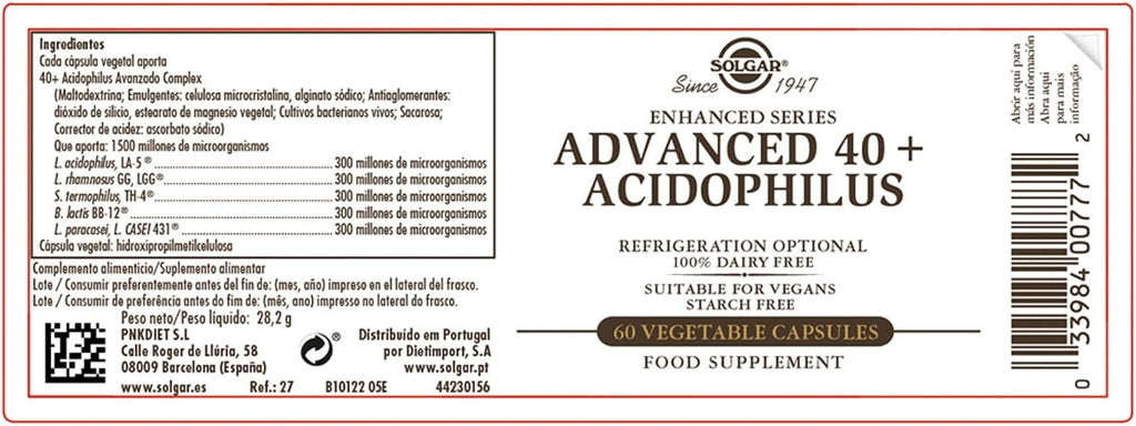 Solgar Advanced 40+ Acidophilus, 60 Cápsulas Vegetales