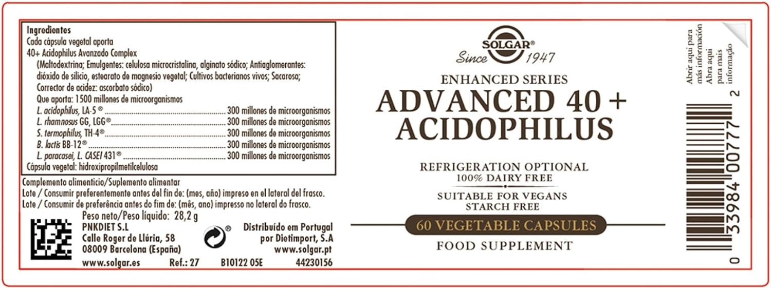 Solgar Advanced 40+ Acidophilus, 60 Cápsulas Vegetales