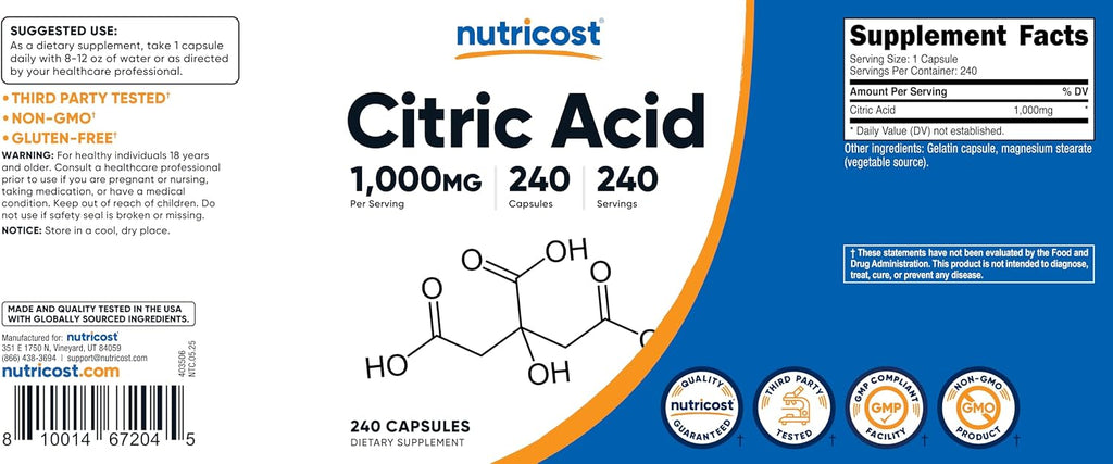 Nutricost Ácido Cítrico 1000mg (1 gramo), 240 Cápsulas - Sin Gluten, No Transgénico