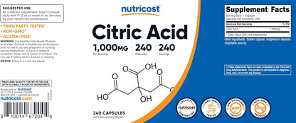 Nutricost Ácido Cítrico 1000mg (1 gramo), 240 Cápsulas - Sin Gluten, No Transgénico – Image 6