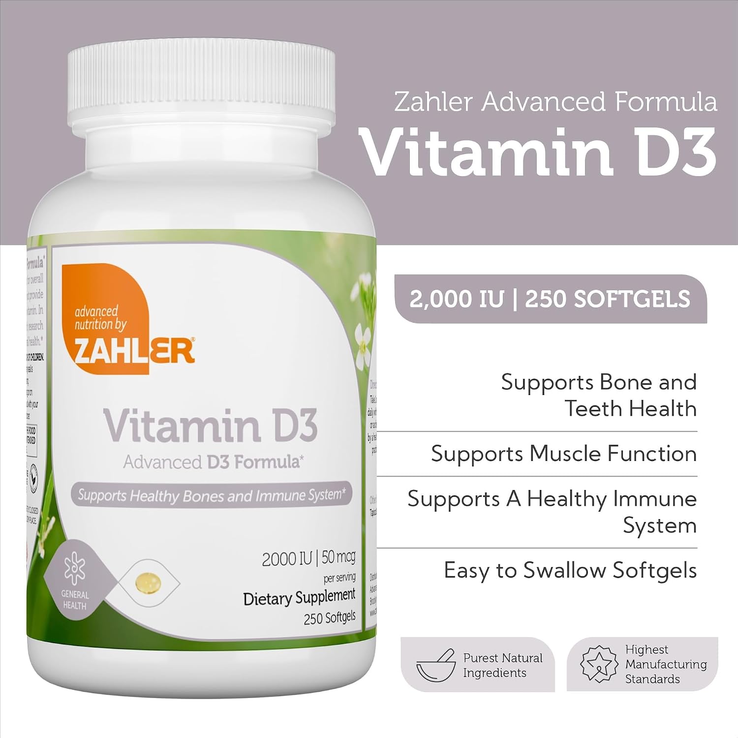 Zahler Vitamina D3 Avanzada 2000 UI, 250 Cápsulas Blandas - Suplemento de Vitamina D3 para Huesos, Dientes, Músculos e Inmunidad