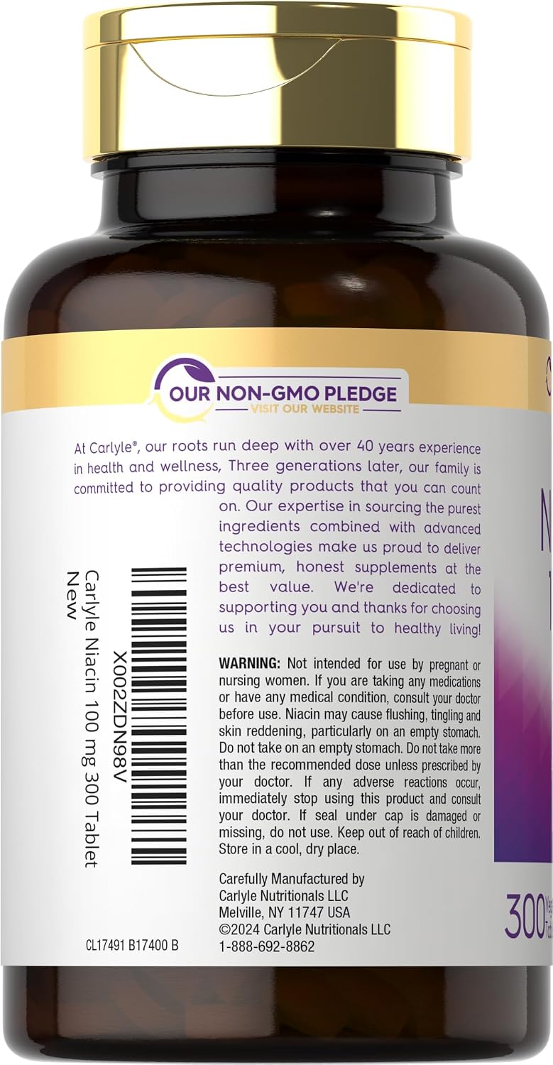Carlyle Niacina 100mg | 300 Comprimidos Vegetarianos | Sin Gluten, No OGM | Alta Potencia
