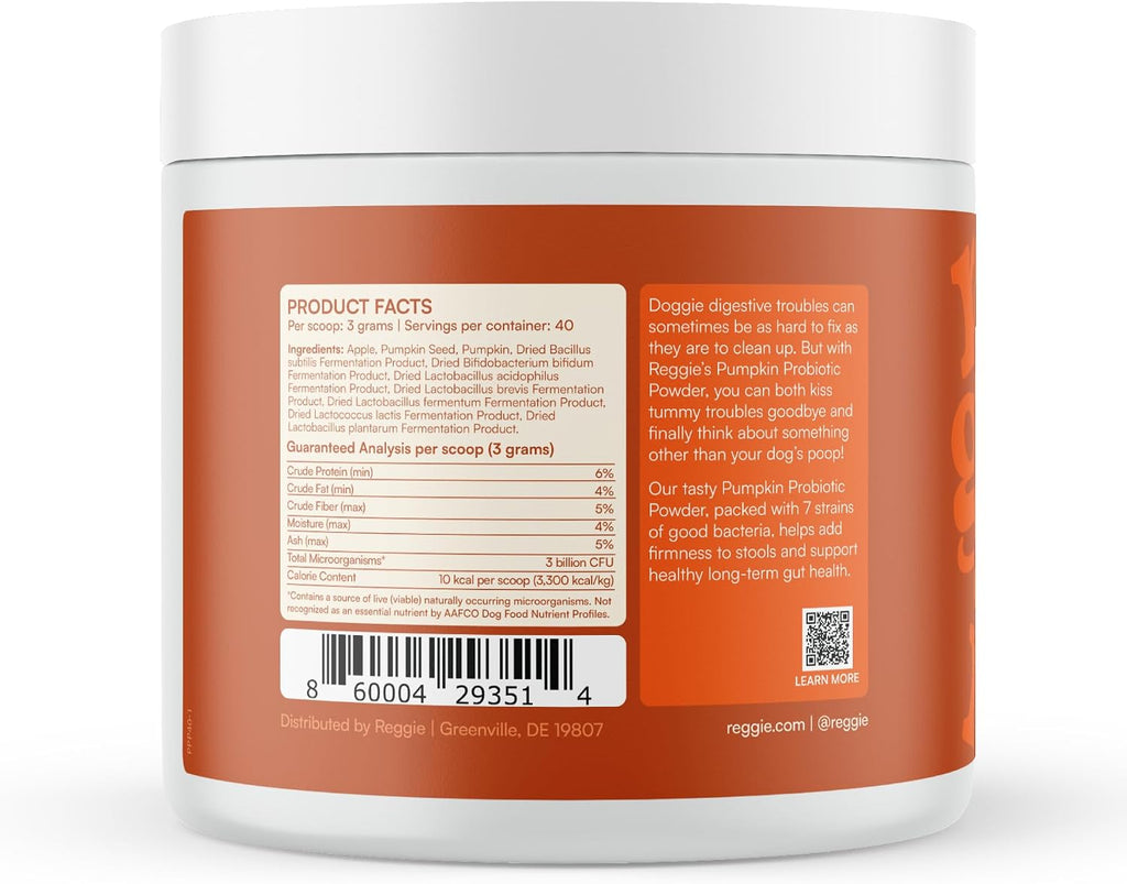 Reggie Pumpkin Probiotic Powder for Dogs | Probiótico en Polvo con Calabaza para Perros | 7 Cepas para la Salud Digestiva | 40 Dosis