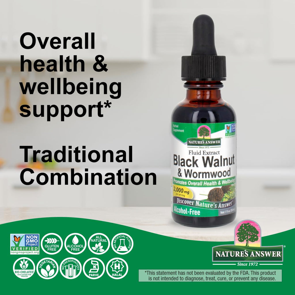 Nature's Answer Black Walnut and Wormwood Complex - Extracto Líquido Super Concentrado 2000 mg - Vegano, Sin Gluten, Sin Alcohol - 1 Fl Oz (Pack de 2)