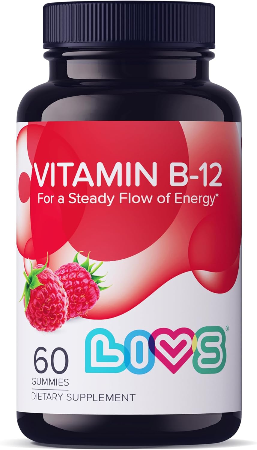 LIVS Vitamina B12 Gummies - 1500 mcg de Metilcobalamina Vegana - Suplemento para Energía, Metabolismo y Nervios - 60 Gominolas Sabor Frambuesa