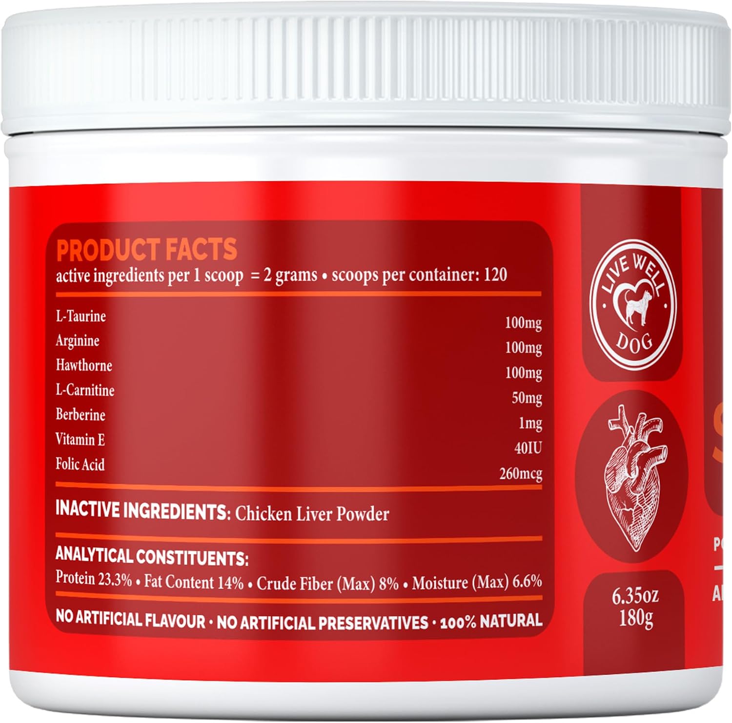 Heart Health Powder Topper para Perros y Gatos - Taurina, L-Carnitina, Espino Blanco y Antioxidantes - 180g