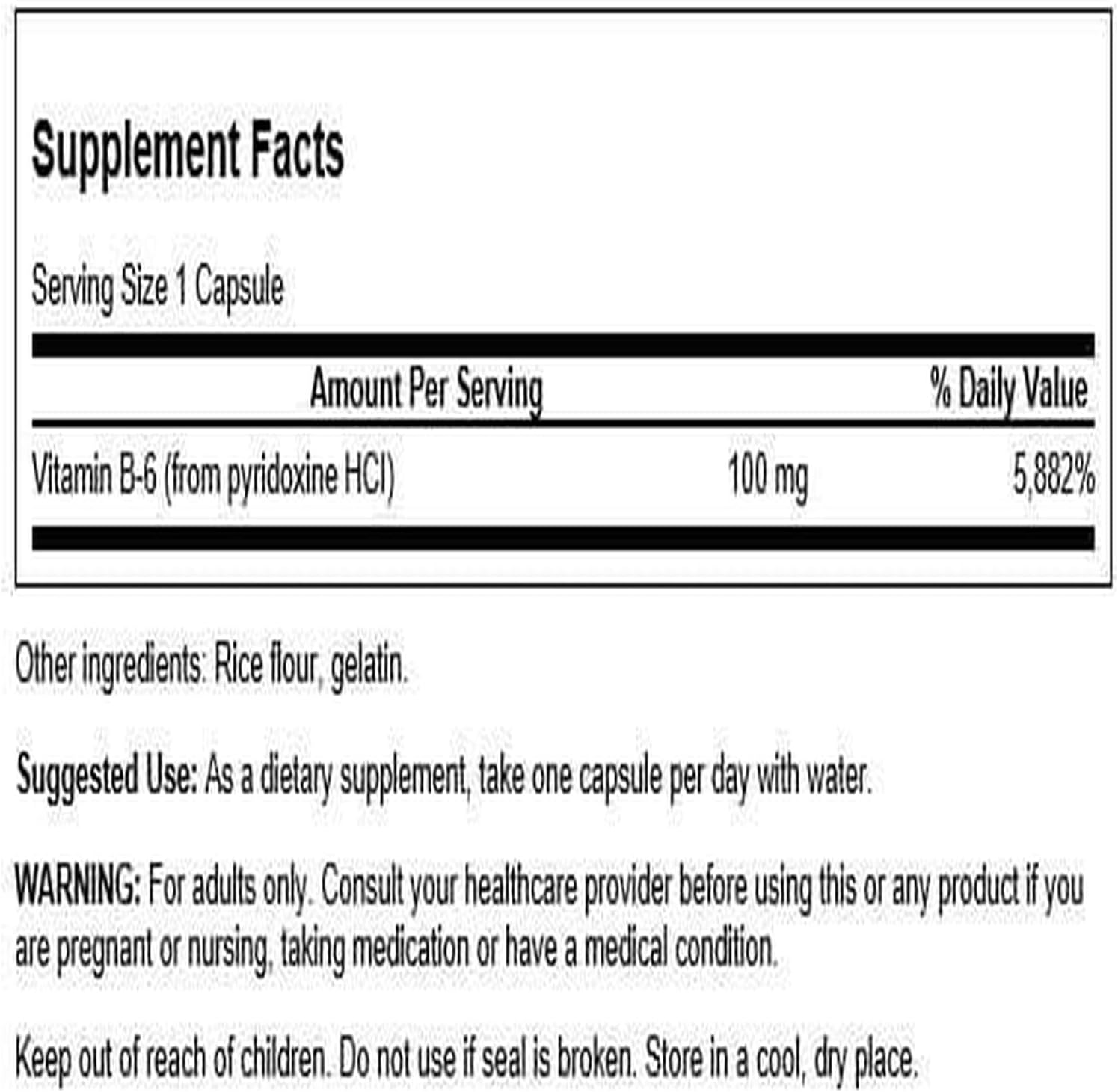 Swanson Vitamina B-6 (Piridoxina) 100 mg, 100 Cápsulas