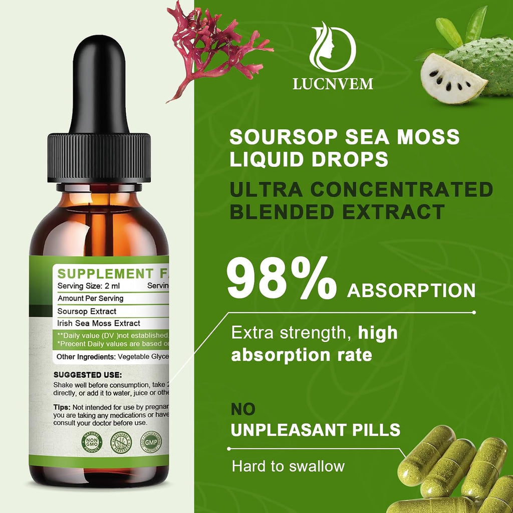 LUCNVEM Gotas Orgánicas de Soursop Graviola con Sea Moss, Sabor Piña - 118 ml