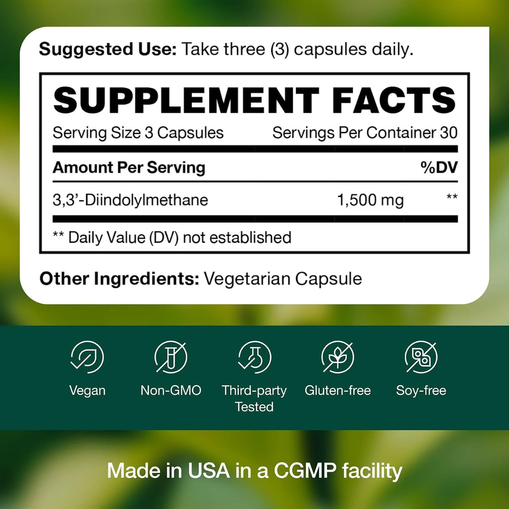 DIM Supplement 500mg - Diindolylmethane – Vegano, Non-GMO, Sin Gluten - 90 Cápsulas