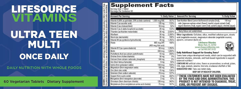 LifeSource Vitamins Ultra Teen Multi 60 Comprimidos Veganos - Multivitamínico para Adolescentes