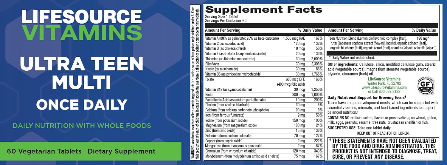 LifeSource Vitamins Ultra Teen Multi 60 Comprimidos Veganos - Multivitamínico para Adolescentes