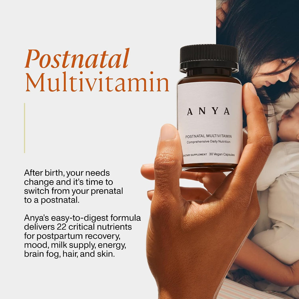 ANYA Multivitamínico Postparto, Vitaminas para la Lactancia, 30 Cápsulas - Vitaminas A, C, D3, Zinc, B12, Biotina, Folato y Hierro - 100% Vegano, Sin Gluten, Sin OGM