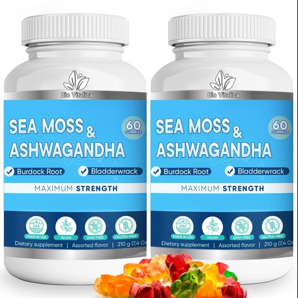 BIO VITALICA Gomitas de Sea Moss y Ashwagandha - Orgánicas con Bardana y Bladderwrack - 2 Paquetes (120 gominolas)