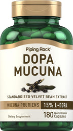Piping Rock DOPA Mucuna Cápsulas | 180 unidades | 15% L-DOPA | Extracto de Mucuna Pruriens | Suplemento no-GMO y sin gluten
