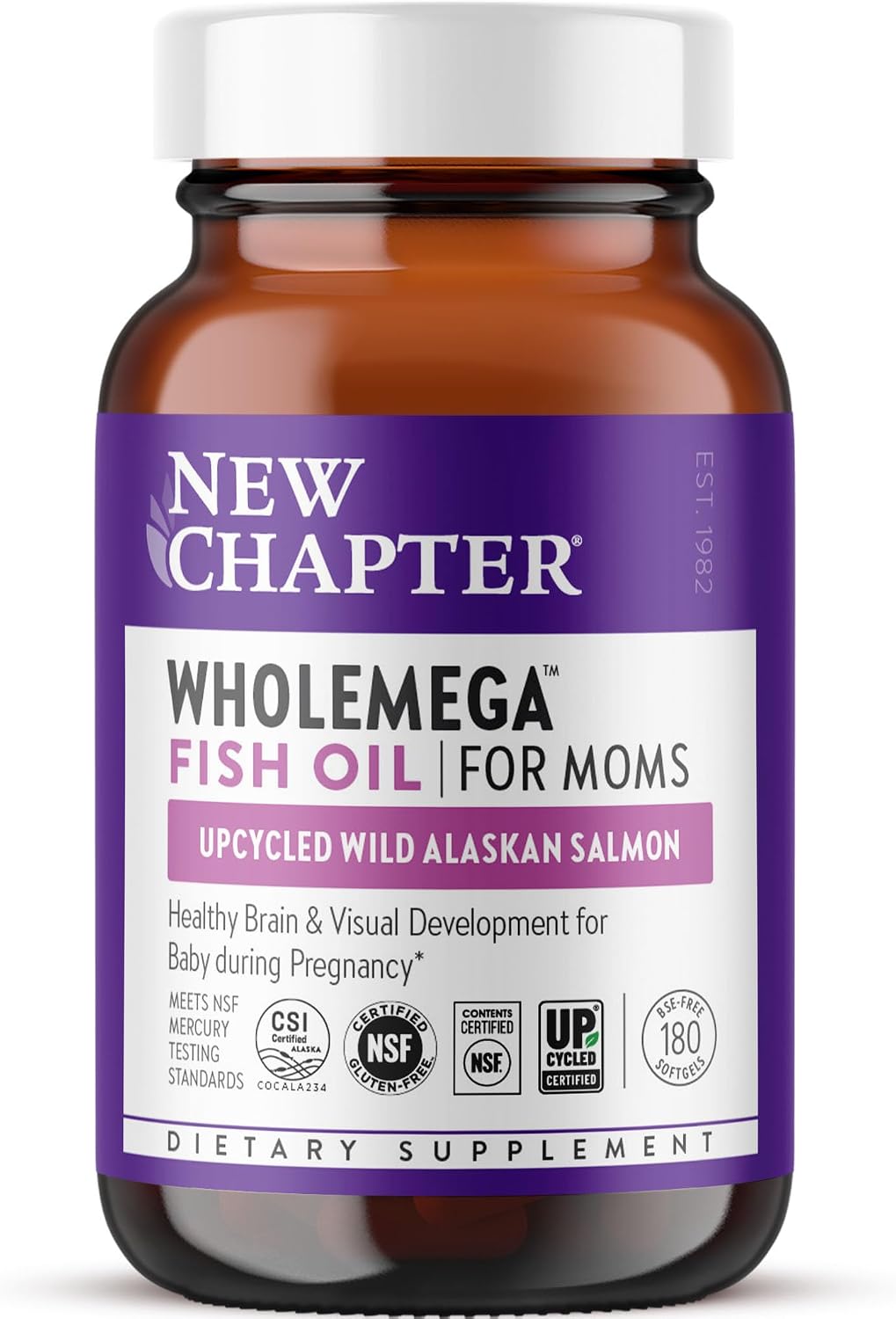 New Chapter Wholemega for Moms – Aceite de Salmón Salvaje con DHA + Vitamina D3, 180 Cápsulas